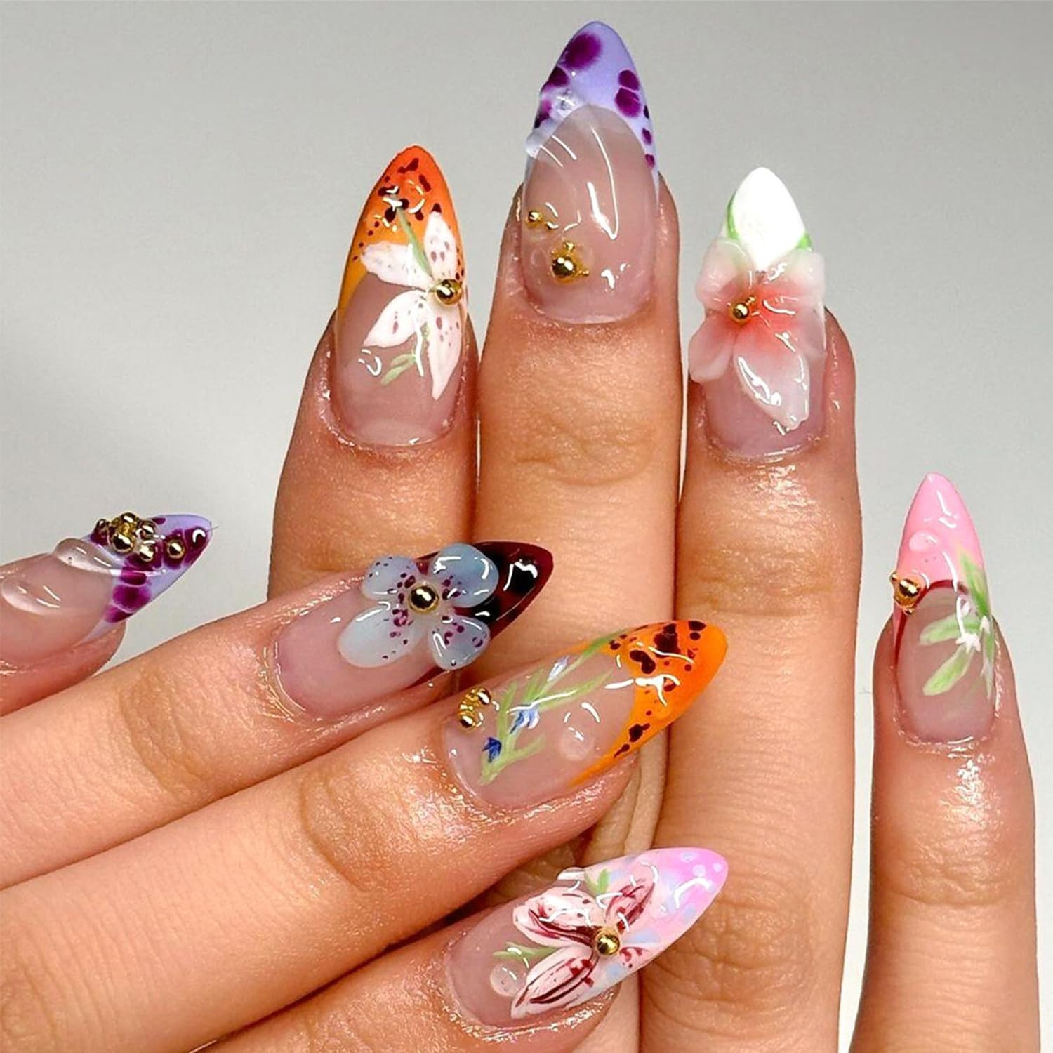 24Pcs French Tip Press on Nails Medium Almond Fake Nails 3D Colorful Flower Pres