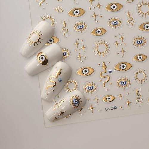 Gold Evil Eye Nail Art Stickers 3D Gold Nail Stickers Star Snake Nail Style-12
