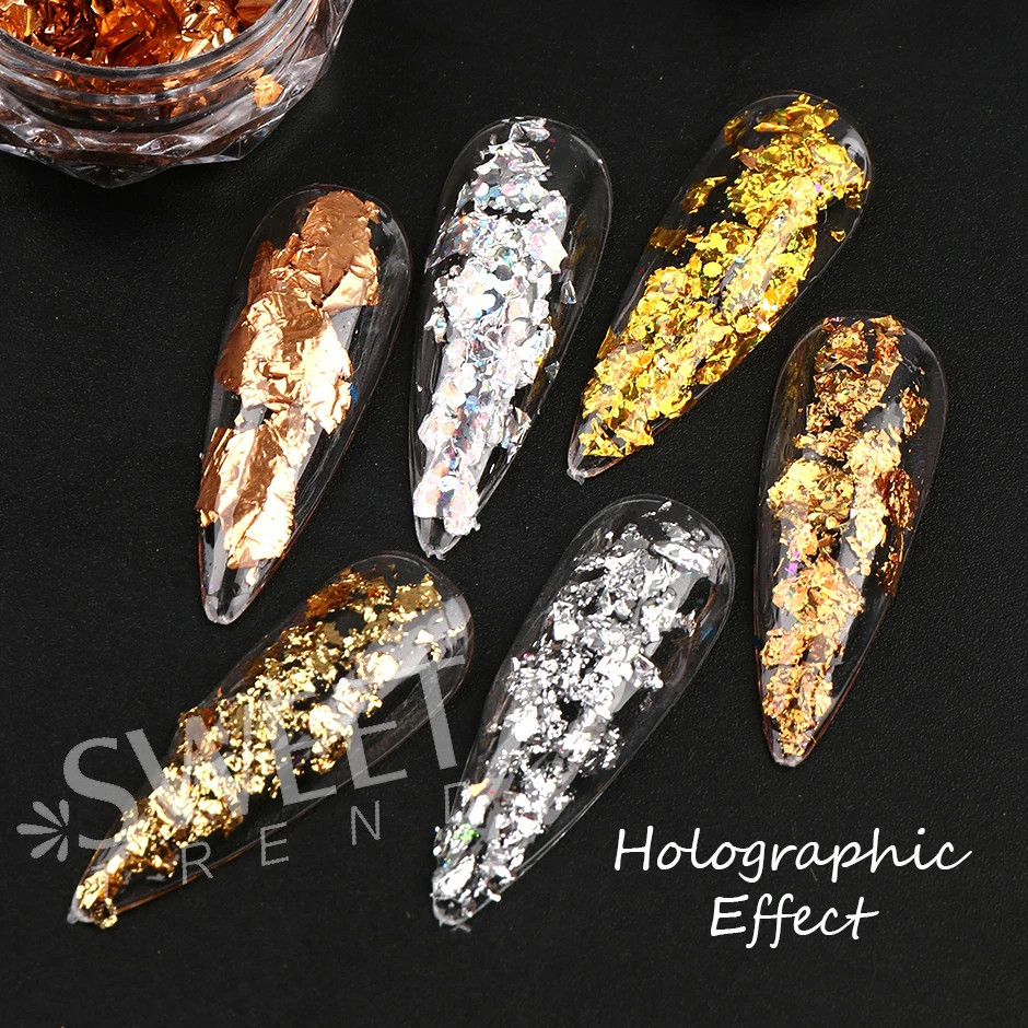 12Grids Holographic Gold Foils Nail Flakes Splendor Leaf Craft Irregular