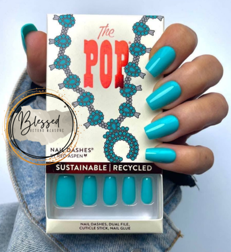 Red Aspen Press On Nails- Squash Blossom Blue, Brecklyn Medium Coffin Blue