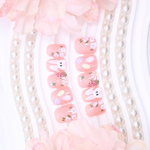 24Pcs Easter Press on Nails Short Square Fake Nails Spring Flower Bee Glue on