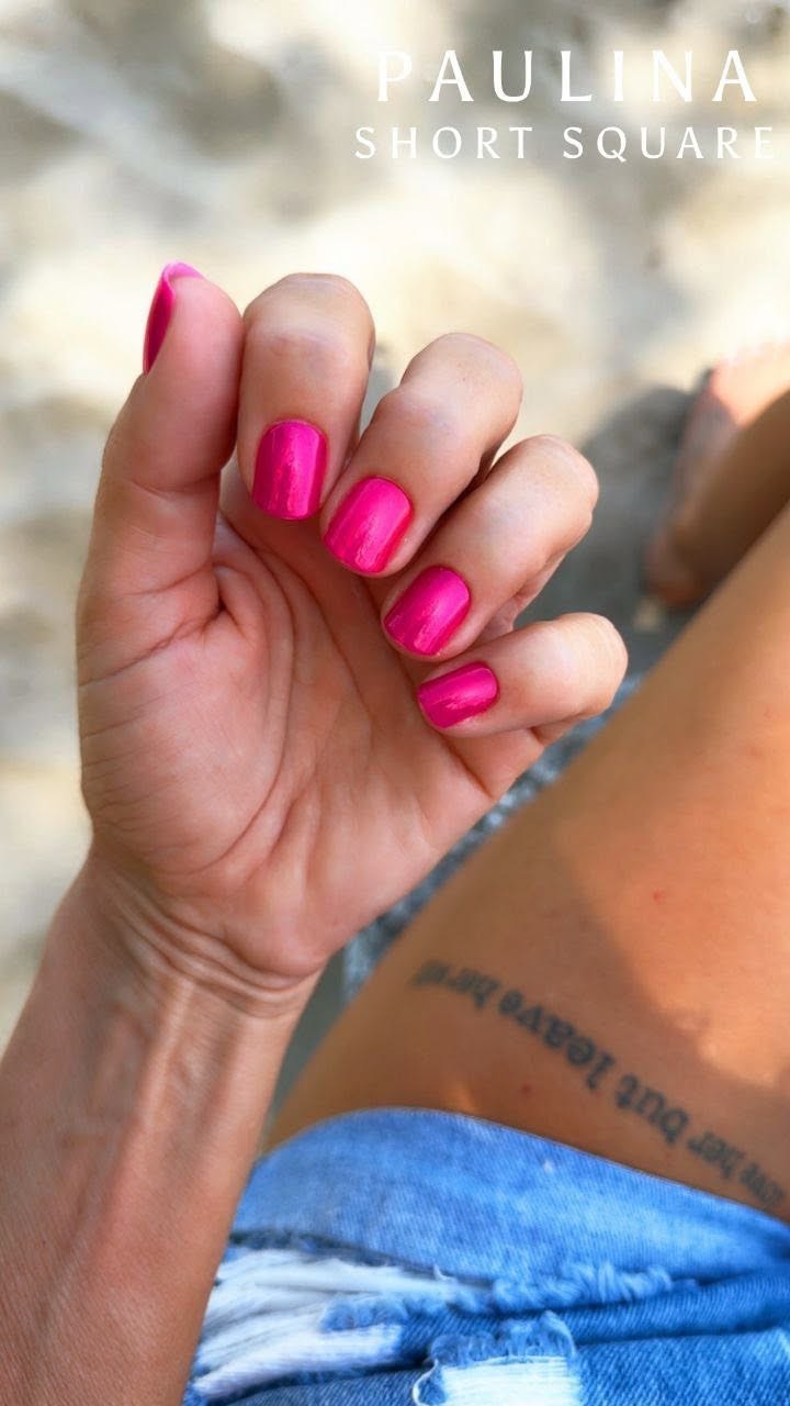 Red Aspen Press On Nails- Pink Puka, Paulina Short- Square -Pink