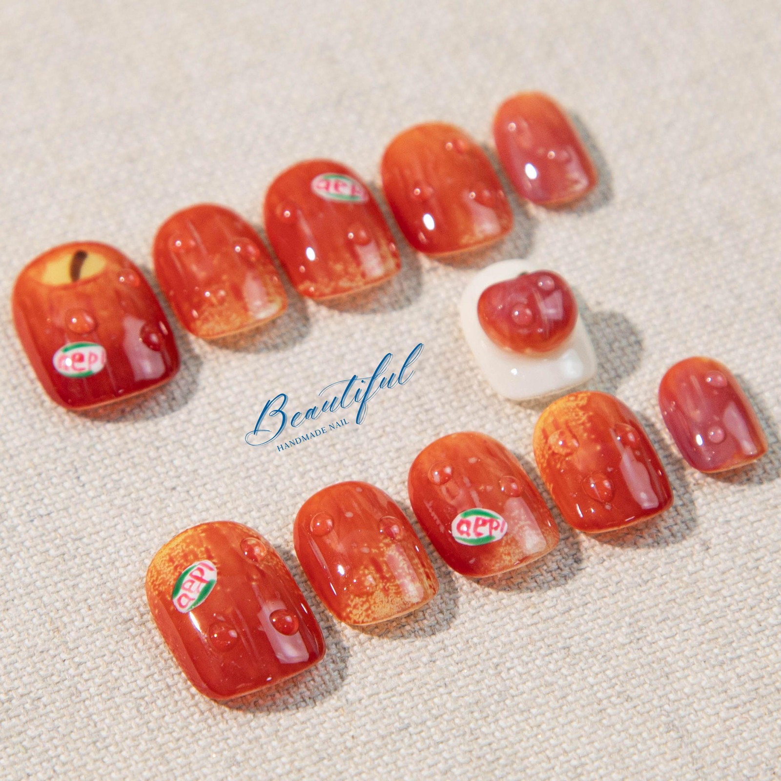 Custom Handmade 3D Red Apple Water Drop Label Short Square Press on Nails
