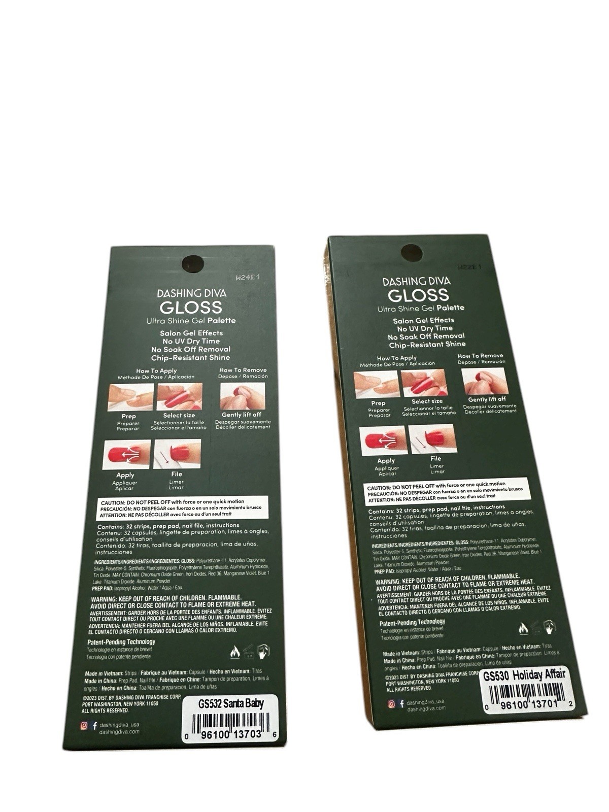 2 Sets Dashing Diva Gloss Ultra Shine Gel Nail Strips Christmas Red Green Snow