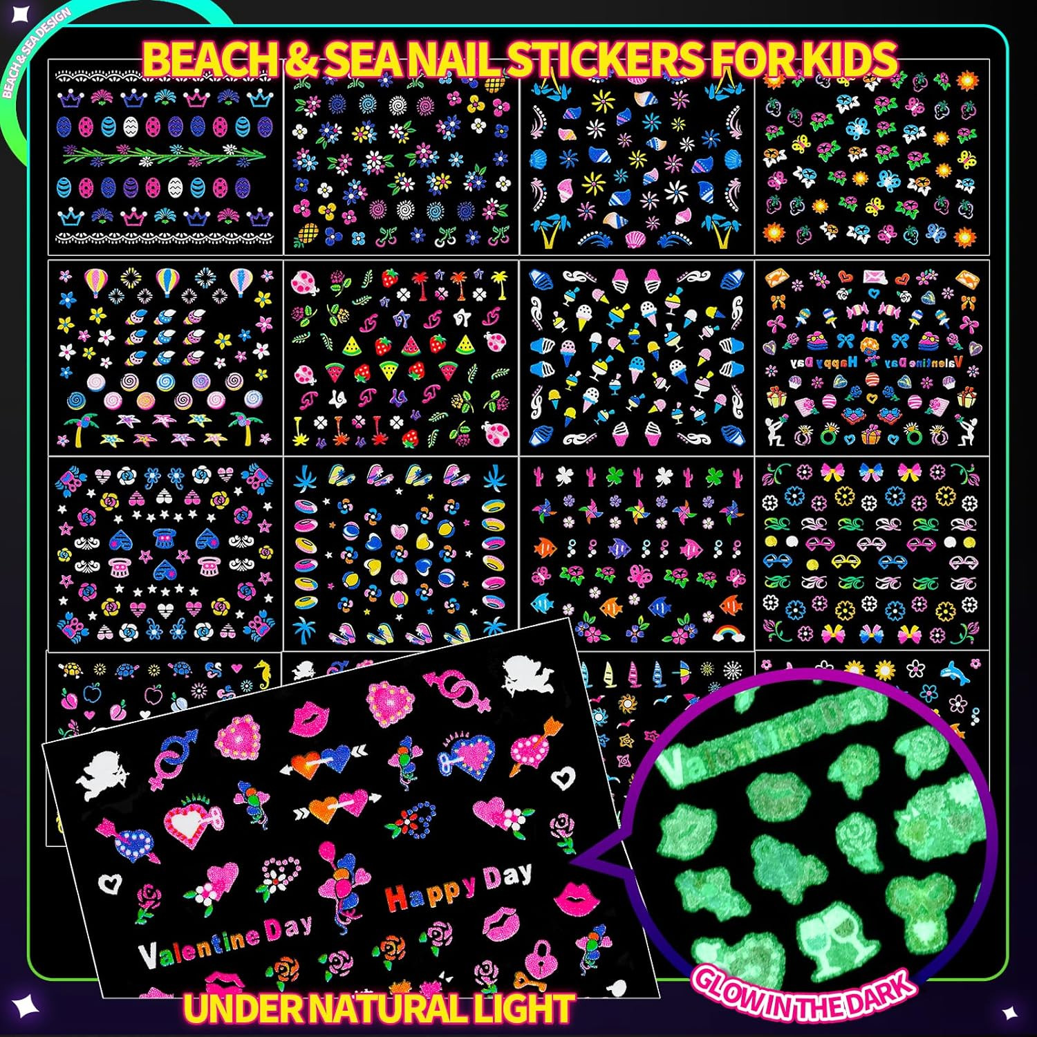 50 Sheets Glow in the Dark Nail Stickers for Kids, Girls Flower Nail Art Sticker