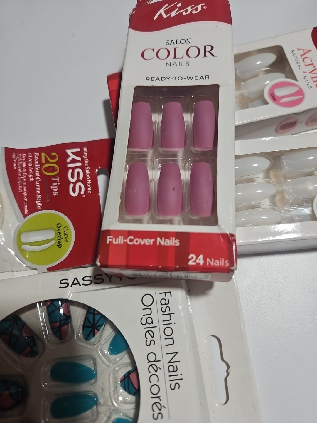 Kiss 24 ACRYLIC NATURAL LONG Glue-On False Nails 3 White 1 Purple 1 Blue Set Of5