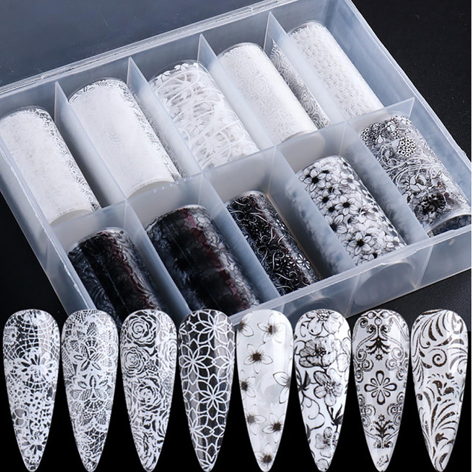 10 Rolls Lace Nail Art Foil Transfer Black White Flower Foil Transfers Decals