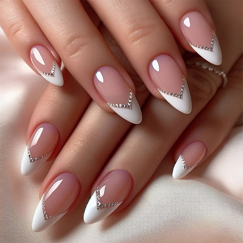 48pcs Elegant Rhinestone French Nails Almond Nude Pink with Sparkly V Design