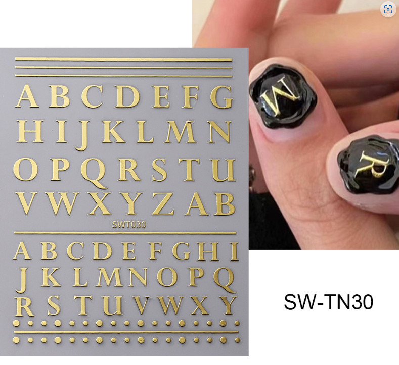 2 Sheets English Letter Number Nail Art Sticker Silver Gold Art Roman Decal NS20