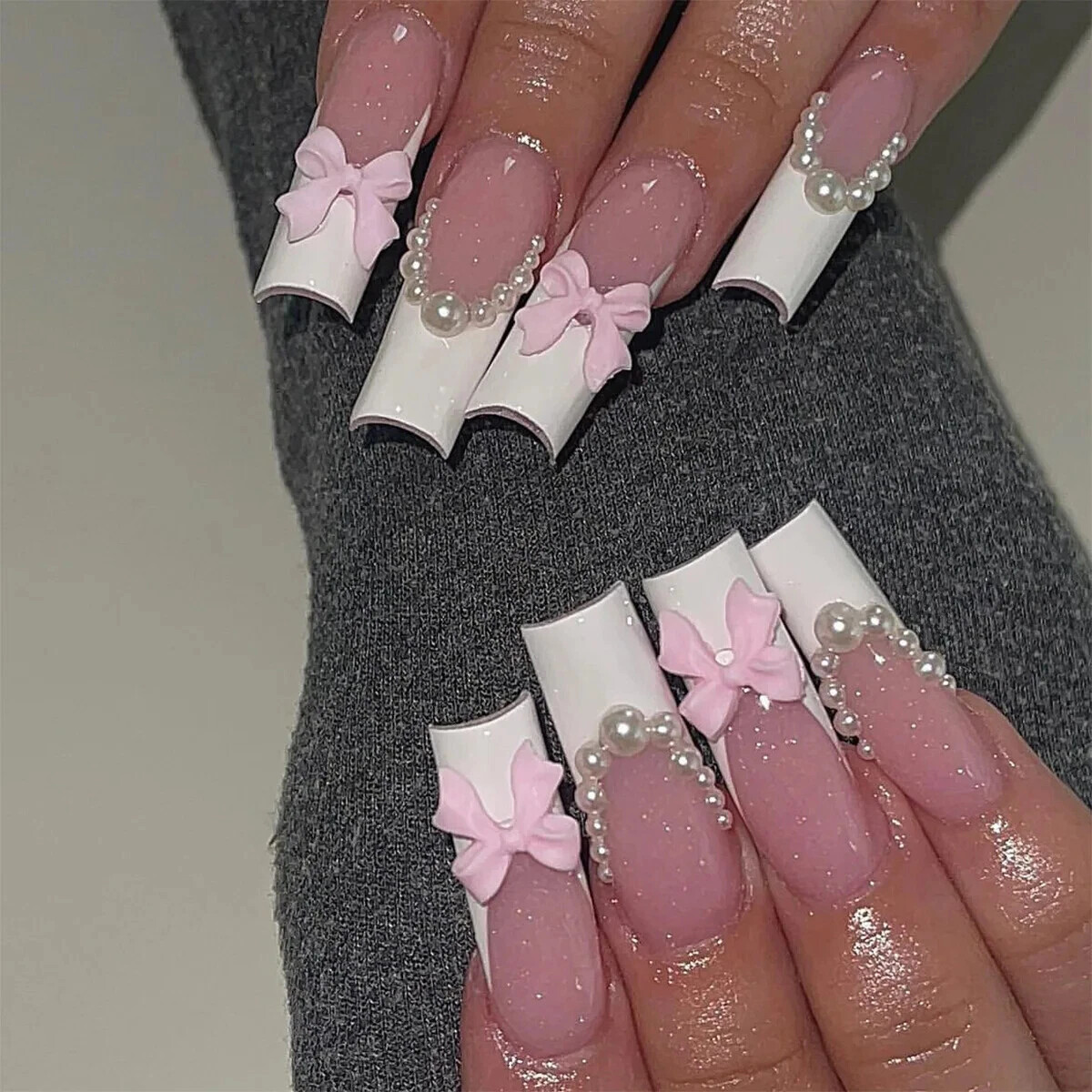 24Pcs Extra Long Square Fake Nail with Glue 3D Little Bear Bow Design False Nail