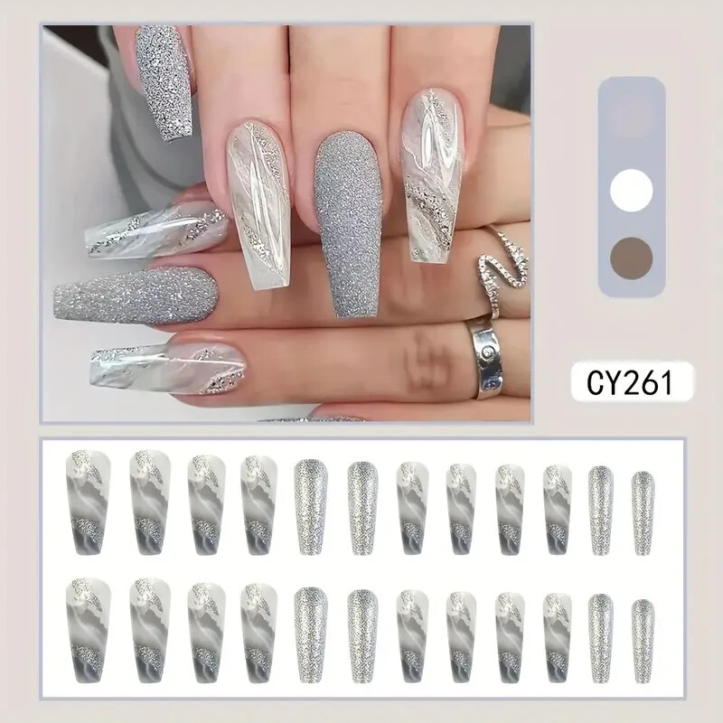 [White Gray False Nails For Women] 24 Pcs Long Ballerina Marble White And Gray