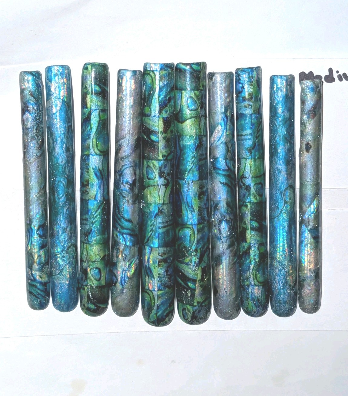 Hand Crafted 6Xl Acrylic Teal and Blue Marble Long Press-On Nails Sz Medium