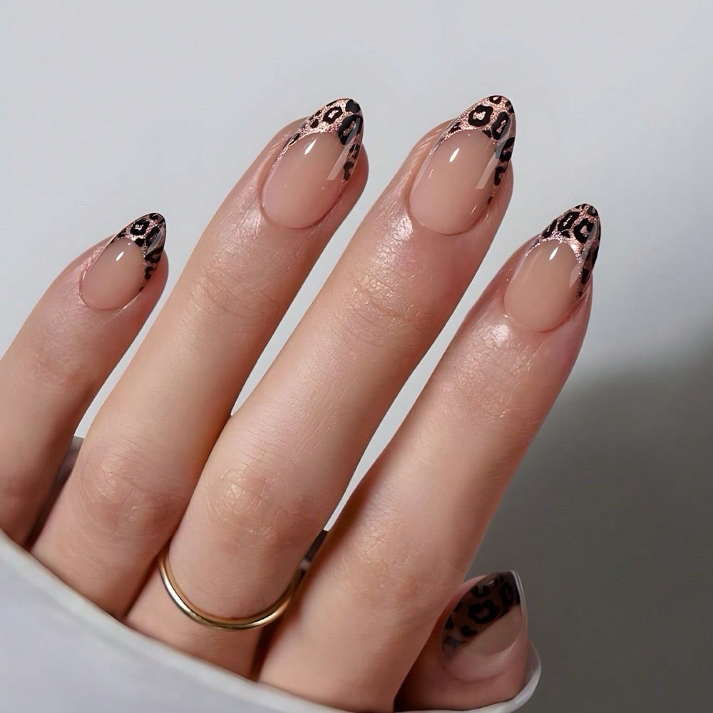 Press-On Nails Short Almond Beige Black French Tip Leopard Pre-Designed