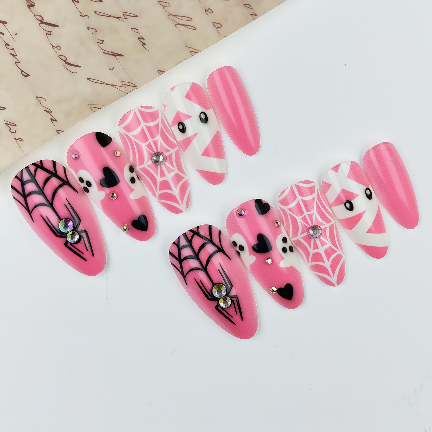 24Pcs Halloween Press on Nails Cute Ghost Fake 4in*3in*0.06ib, Multicolor