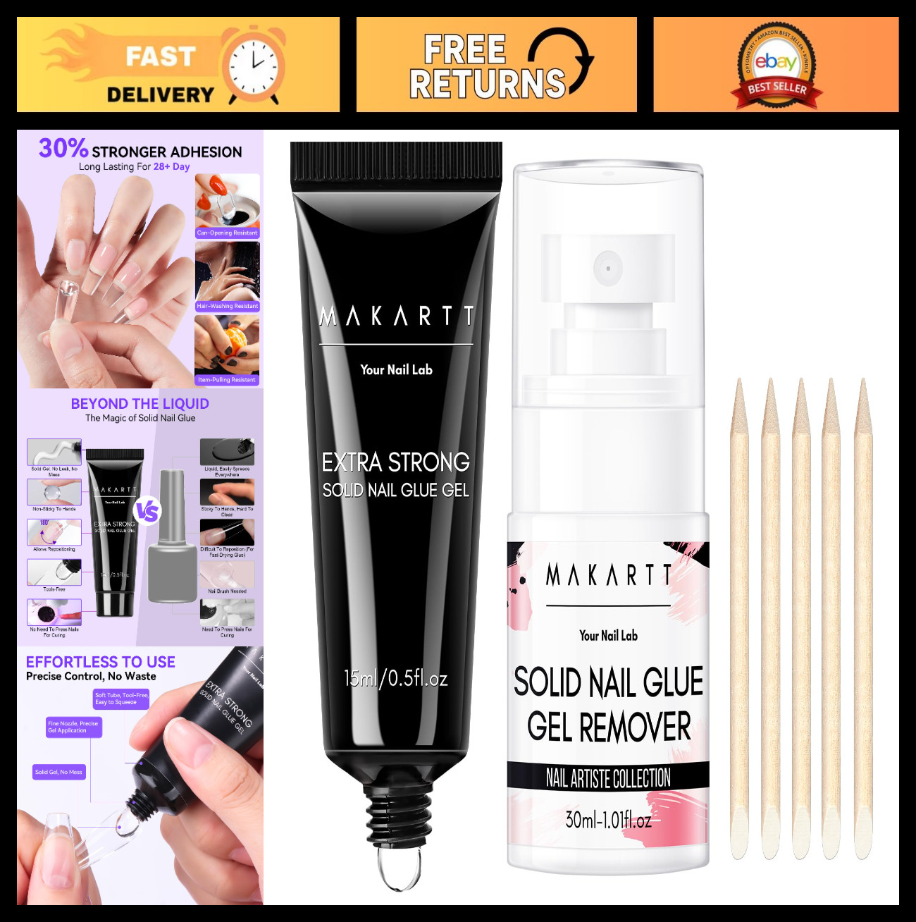 Super Strong Nail Glue & Remover Kit – 30ml Gel for Press-On Tips, Easy Polish R