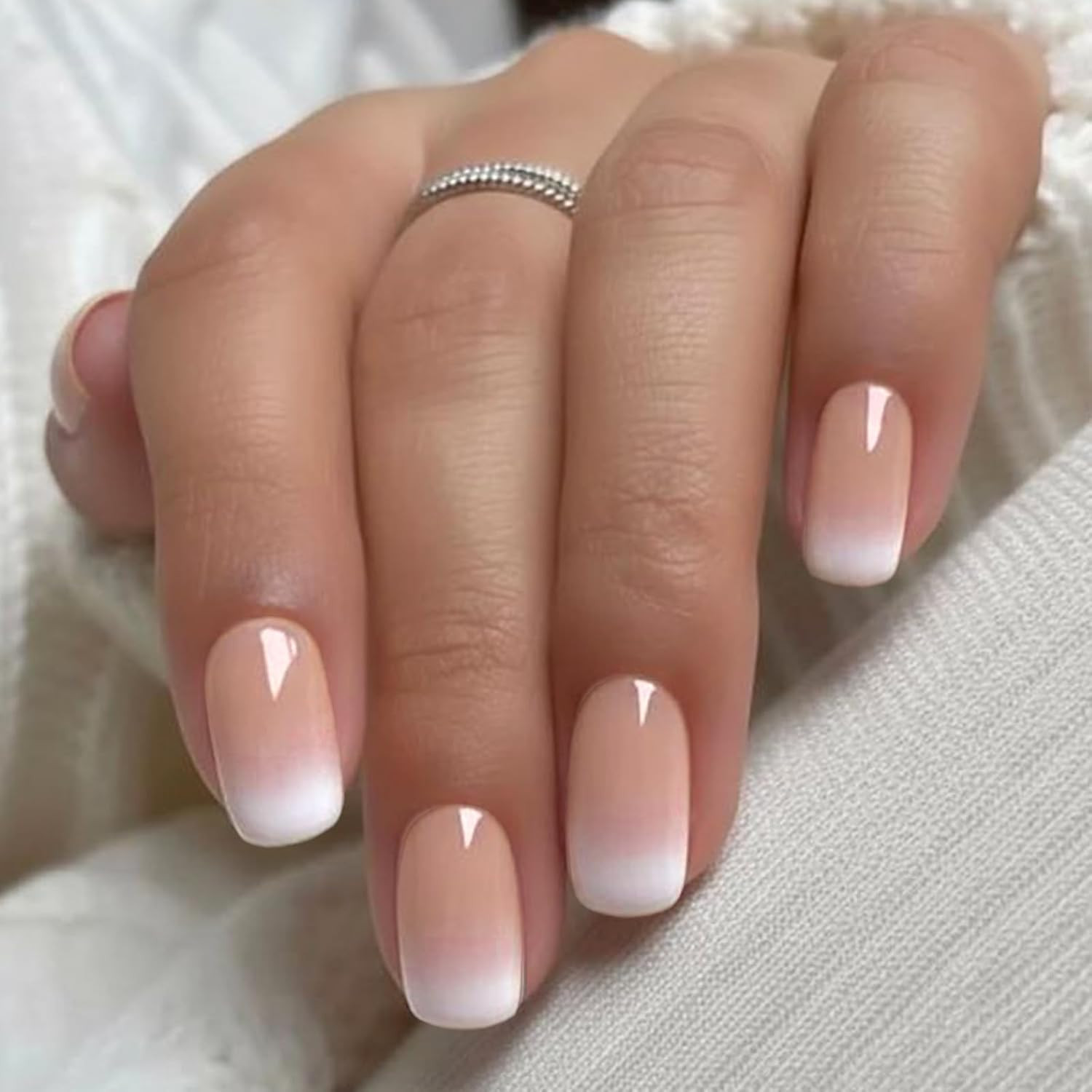 Pink Neutral Ombre Press on Nails Short, Crush Fake Nails Square | 32 Pcs Glossy