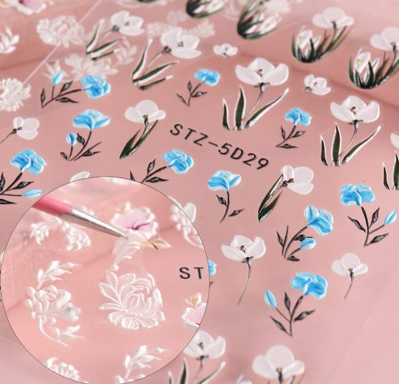 Bridal White 5D Embossed Rose Flowers Butterfly Nail Stickers Adhesive Manicure
