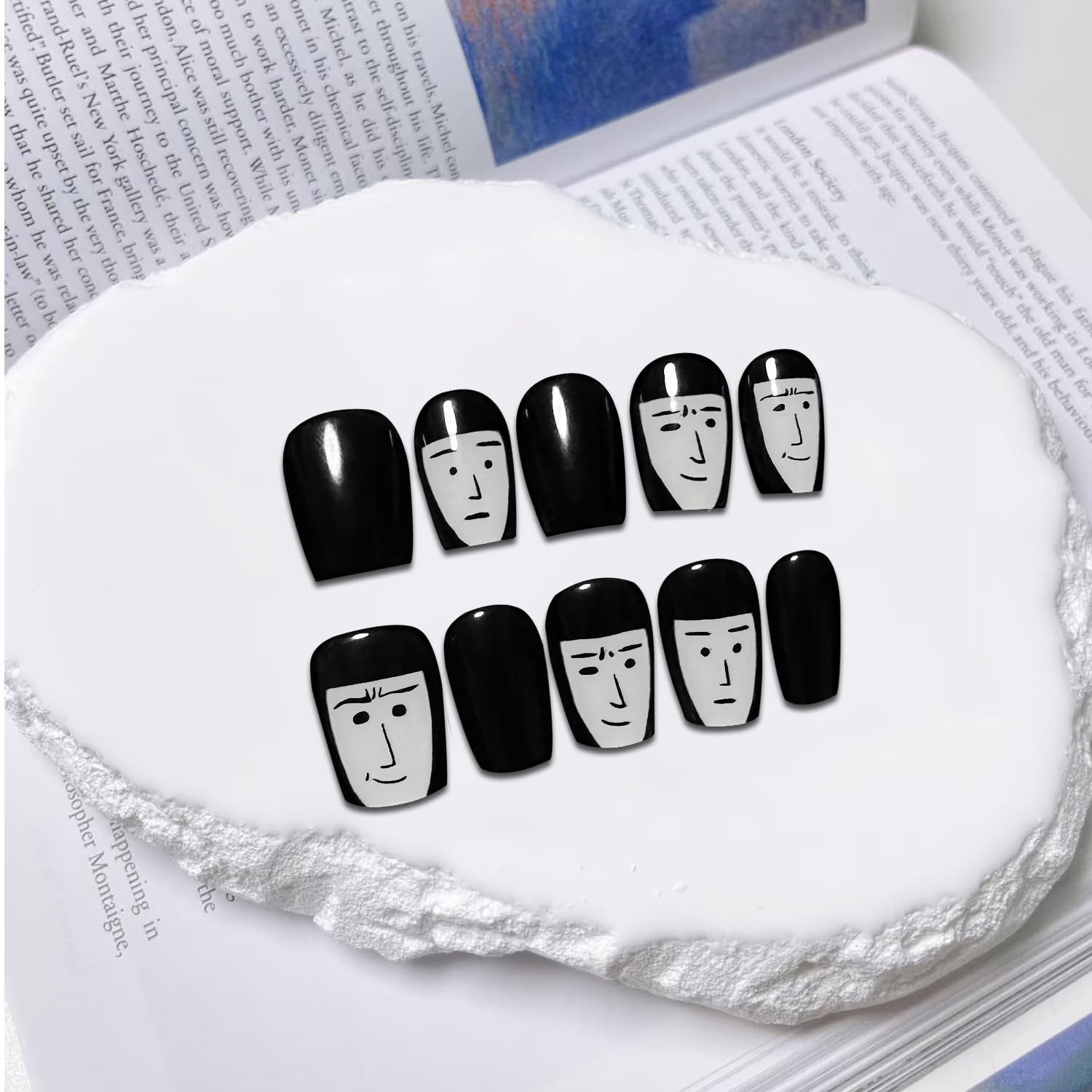 GREENTEA Handmade Nail Artistic Design Press-On Nails, Black and White Cartoo…