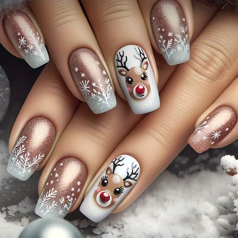 Christmas Reindeer Snowflakes Reusable Press-On Nails Medium Length 24 Pieces