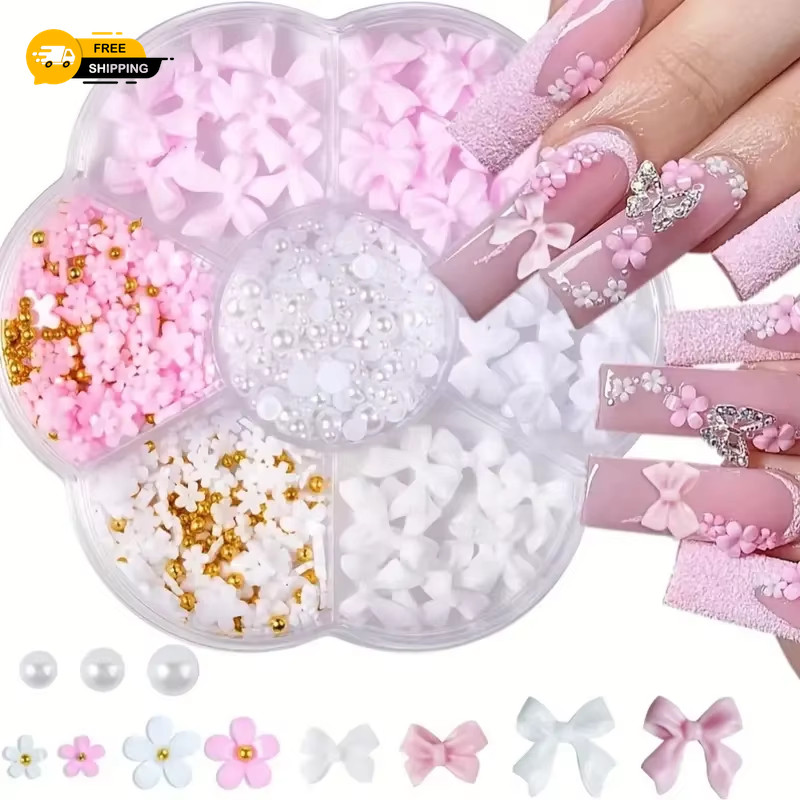 500PCS 3D Nail Art Decoration Kit with Resin Bows, Flat Back Pearls, and Assorte