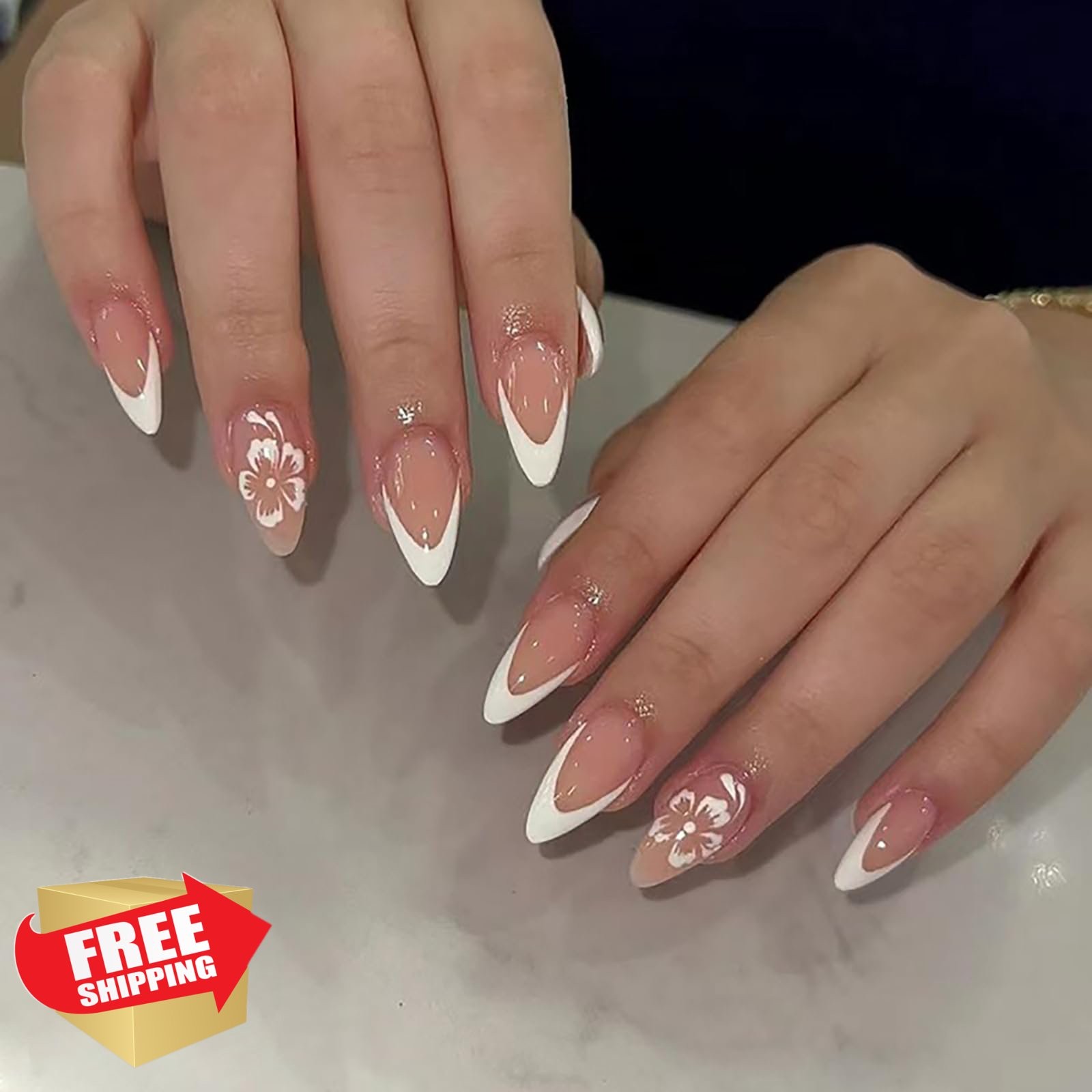 SWEKKE Almond French Tip White Flower Press on Nails