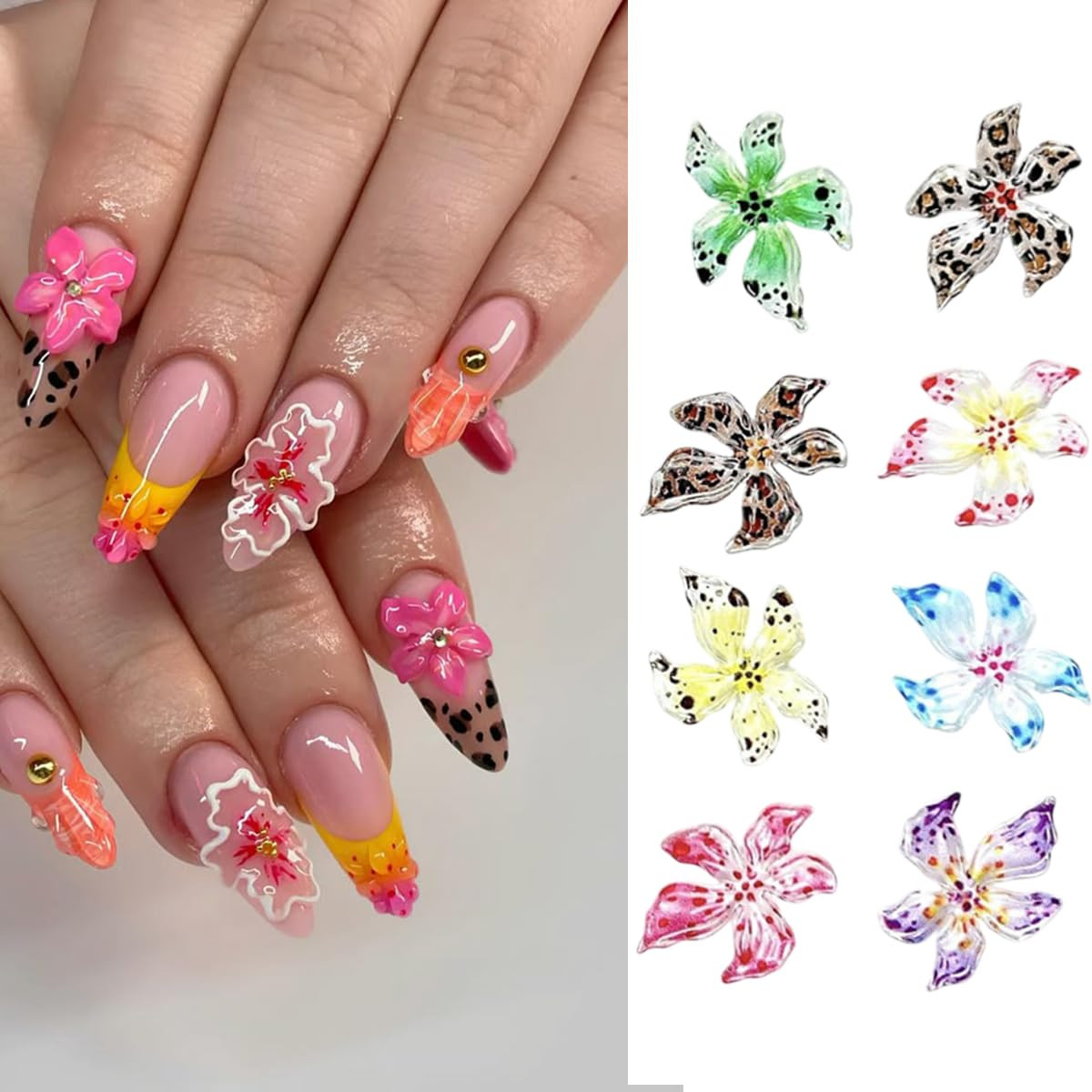 50Pcs 3D Flowers Nail Charm for Nails Flower Resin Nail Rhinestones Spring Hibis