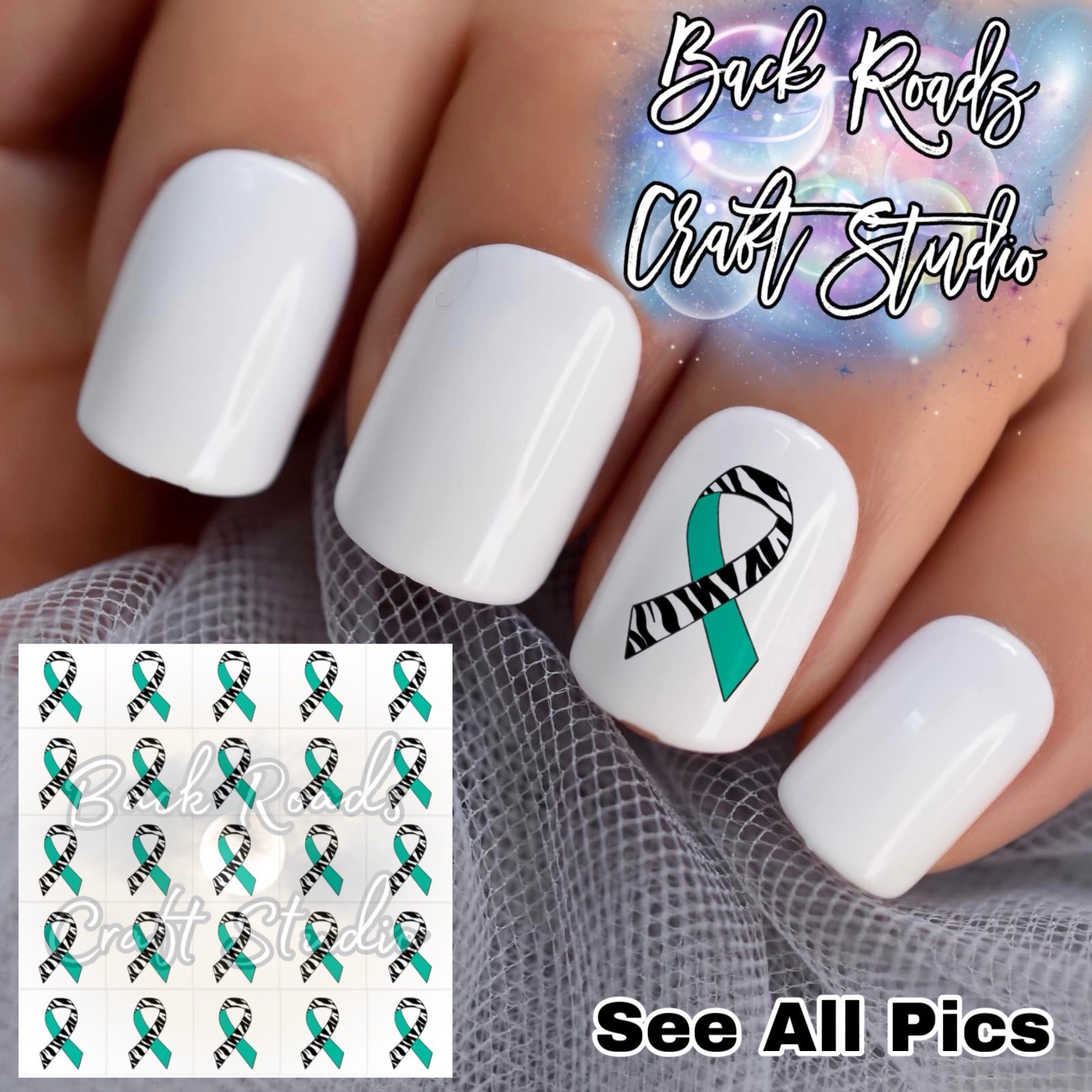 Teal Cancer Ribbon Waterslide Finger Nail Decals Instructions set of 50 Bonus JS
