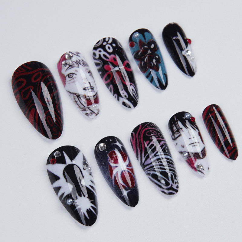 48pcs-Black Red Almond Press on Nails Anime Print 3D Flower Pearl Rhinestones
