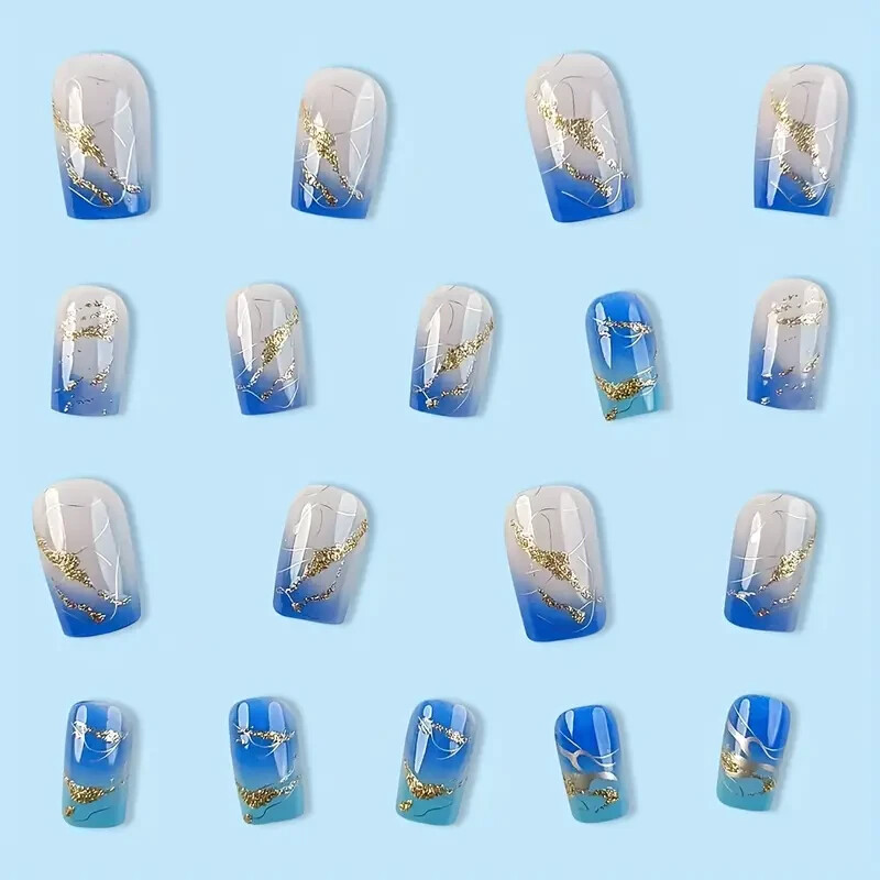 48 Pcs 2 Boxes Short Blue Gradient Press-On Nails Gold Metallic Marble Waves NIB