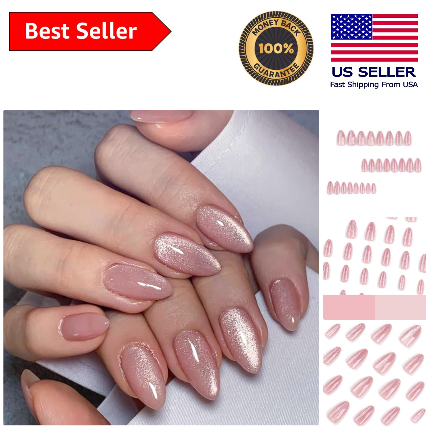 24 Medium Almond Glossy Pink Fake Nails with Glitter – Perfect for Any Occasion