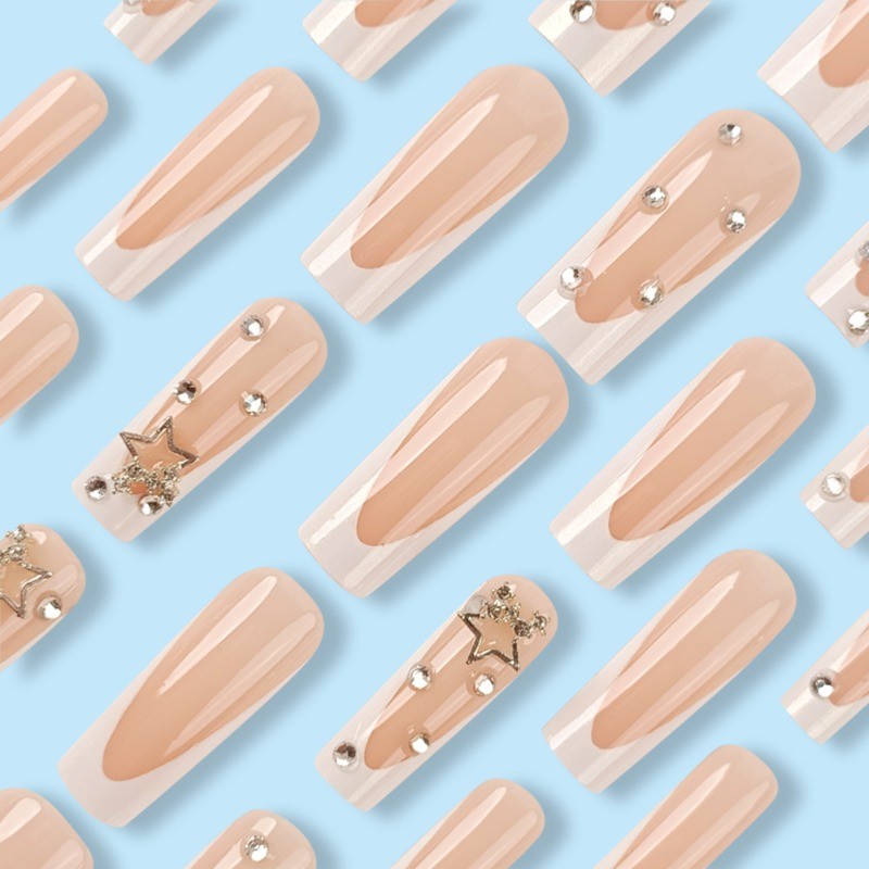 48pcs-Nude Base Nails with Iridescent White French Tips and 3D Star Gem Accents