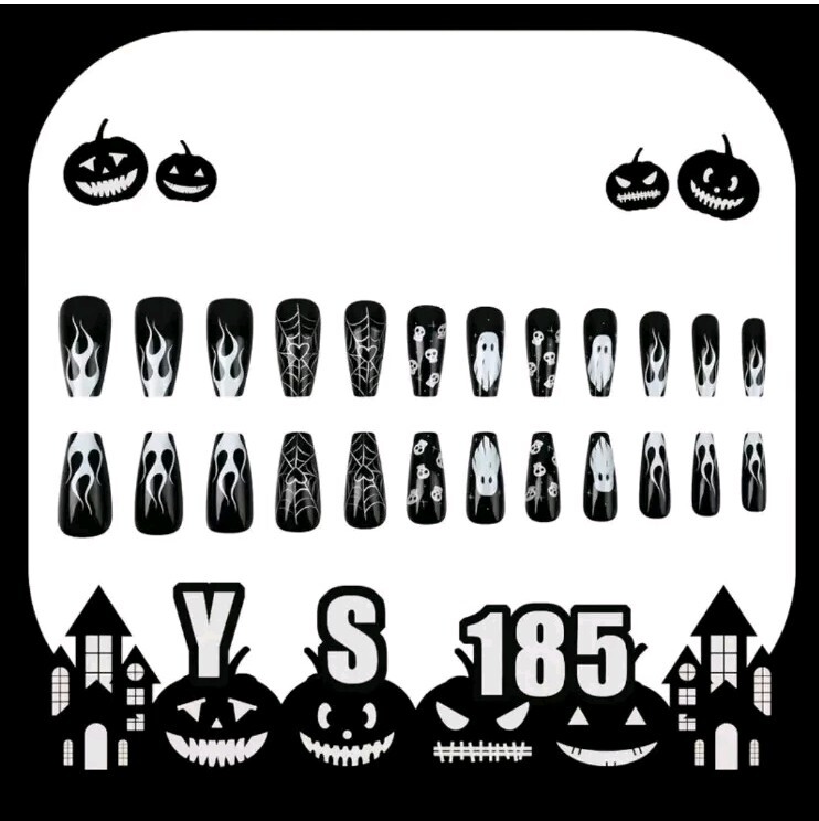 24 Pcs Halloween Nail Art Set with Tools – Middle Length Ballet Shaped Black…