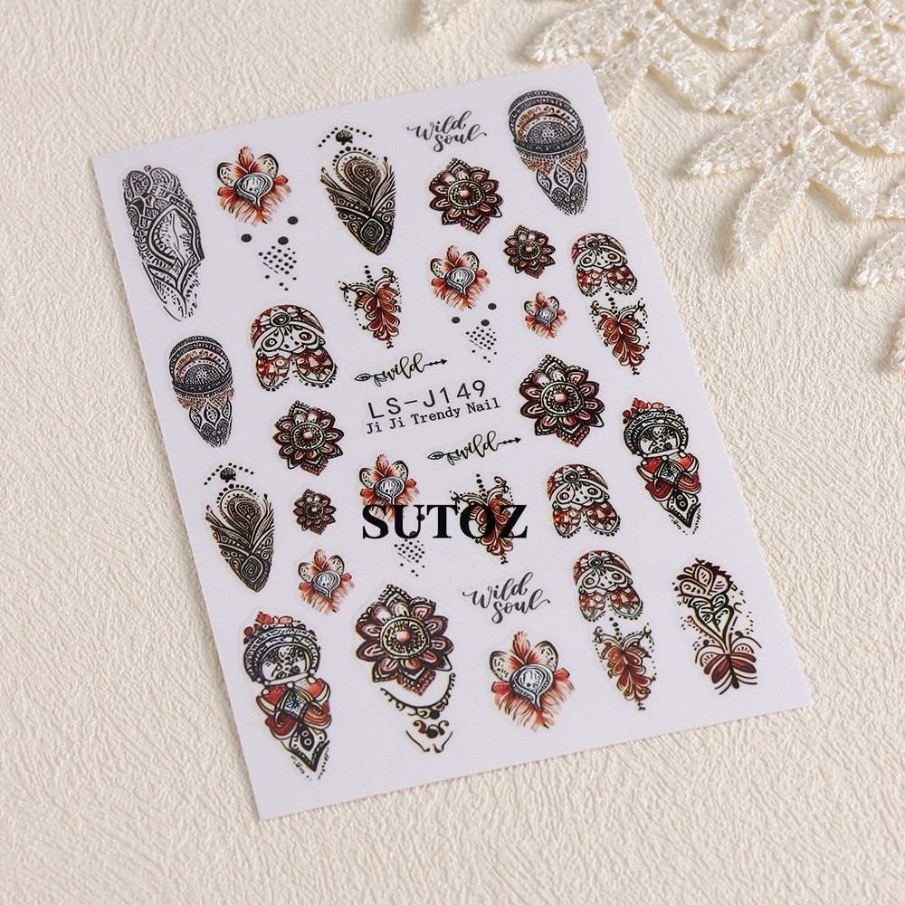 4Pcs Set Nail Art Retro Bohemian Flower Stickers Self Adhesive DIY Peel Off NH29