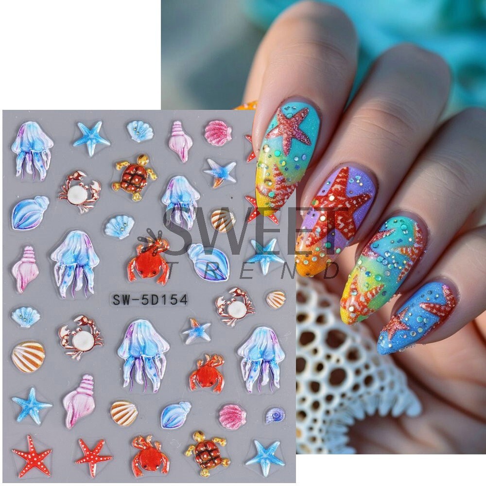 Summer Ocean Dolphin Shell Star Footprint Stickers 5D Embossed Nail Art Decals