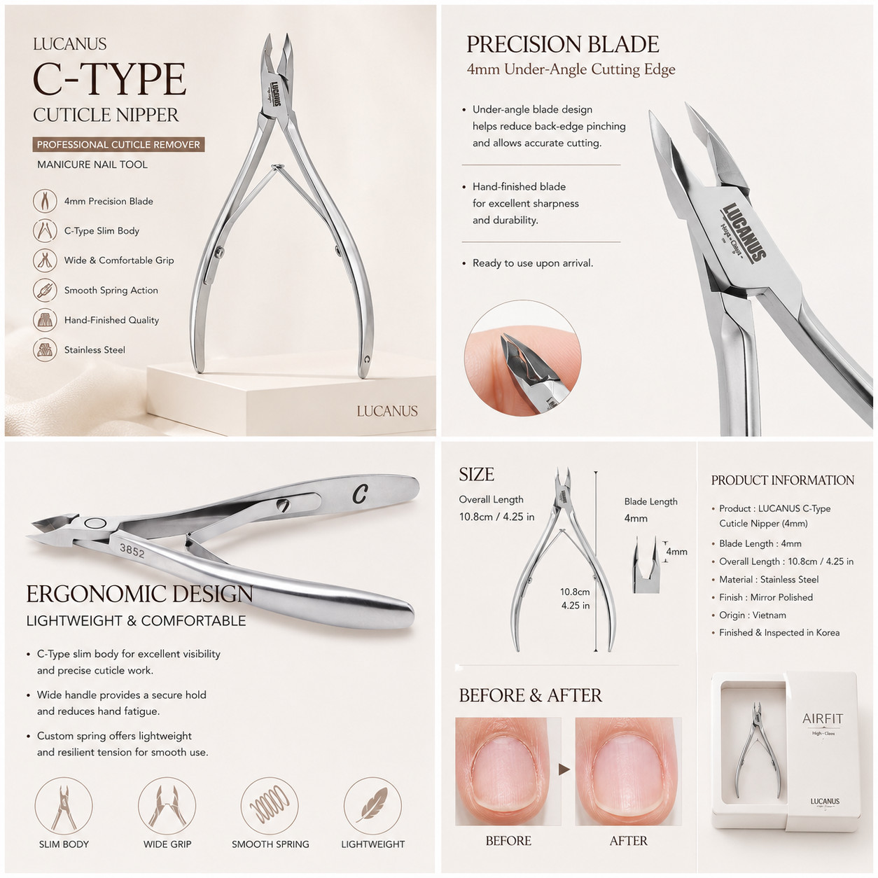 LUCANUS C Type Cuticle Nipper 4mm Blade Hand-Finished Stainless Steel Nail Tool