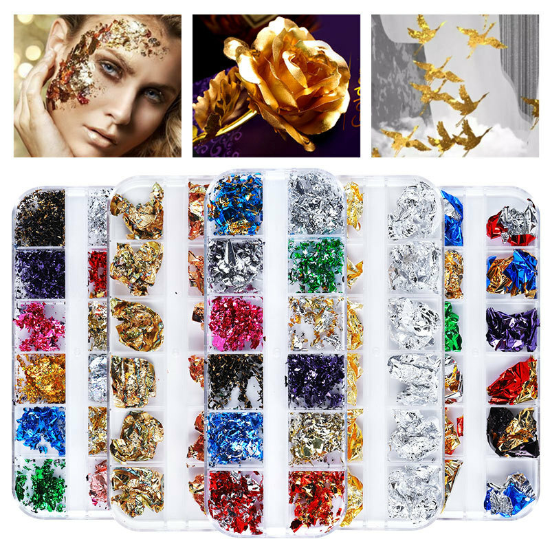 12 Grids Nail Art Gold Silver Foils Paillette Chip Flakes Wraps Decor Nails Tips