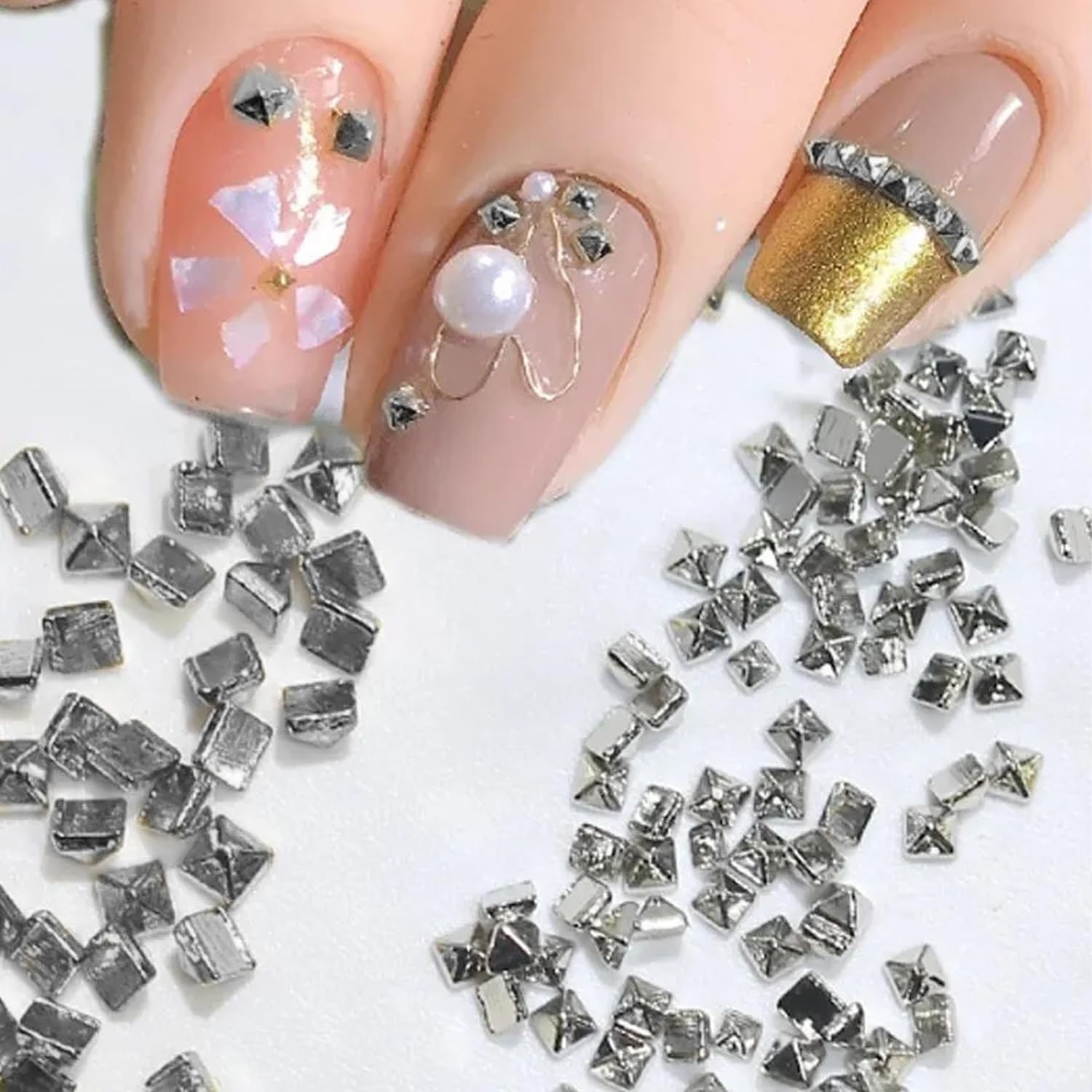 600pcs Silver Square Spire Nail Charms Alloy Mini Metal Rivet Nail Charms for…