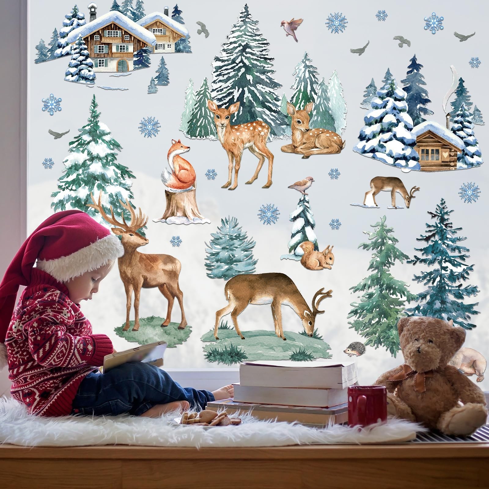 94Pcs Winter Window Decals – Christmas Tree & Reindeer Window Stickers for Gl…
