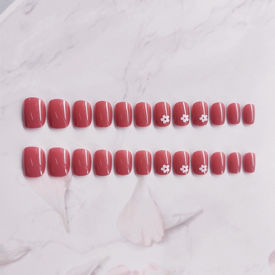 Press on Nail – Wine Red Small Flowers, Short Square Fake Nails, 48 Piece Set