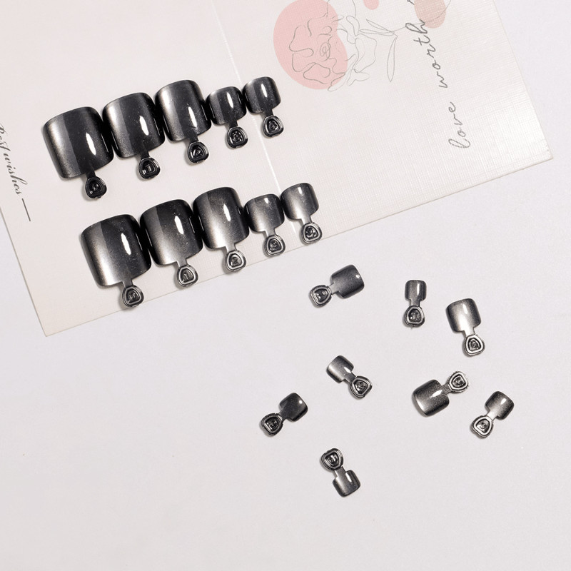 48Pcs-Short Square Black Silver Cat Eye Toe Fake Nails Set