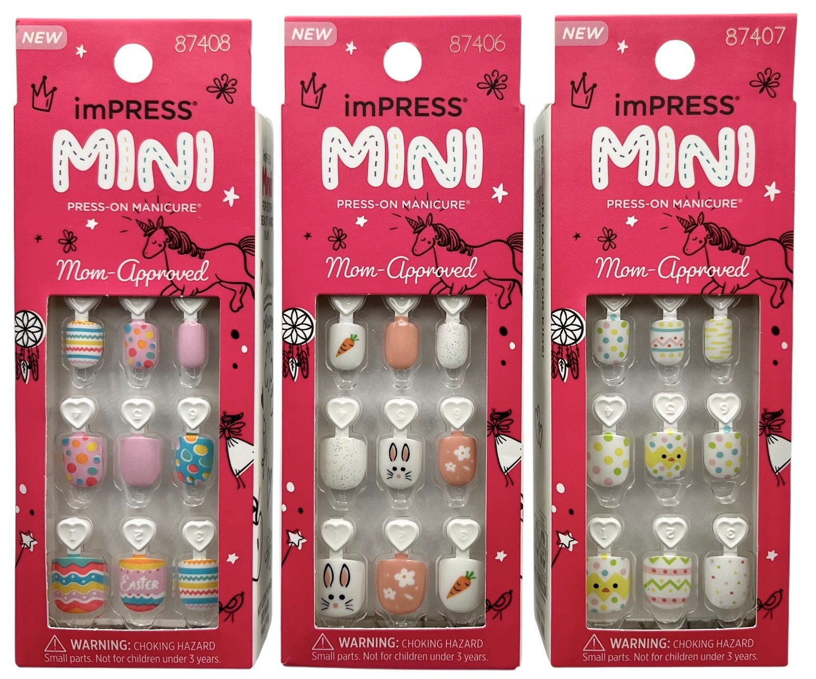 Lot of 3 KISS imPRESS MINI Press On Manicure Fake Nails for Kids Easter / Spring