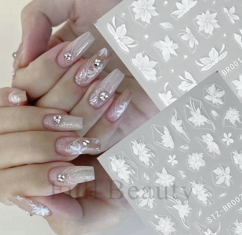 3D White Lace Flower Nail Art Lily Petal Floral Matte Effect Nail Stickers NH27