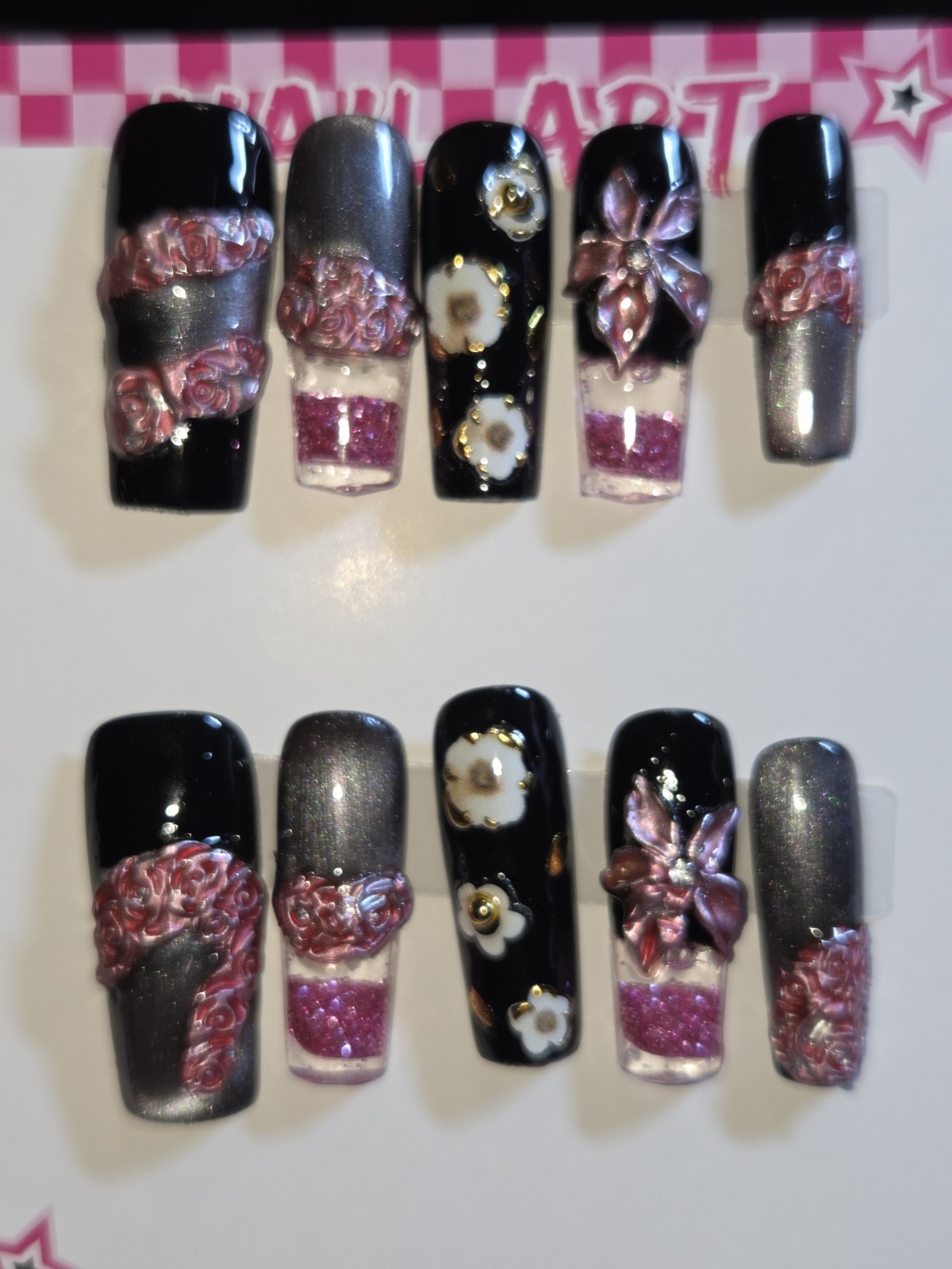 Press On Nails Handmade Medium Hot pink black hot pink water nails