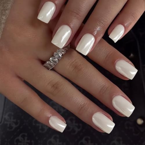White Glazed Donut Press on Nails Short Square, Milky solid color square white