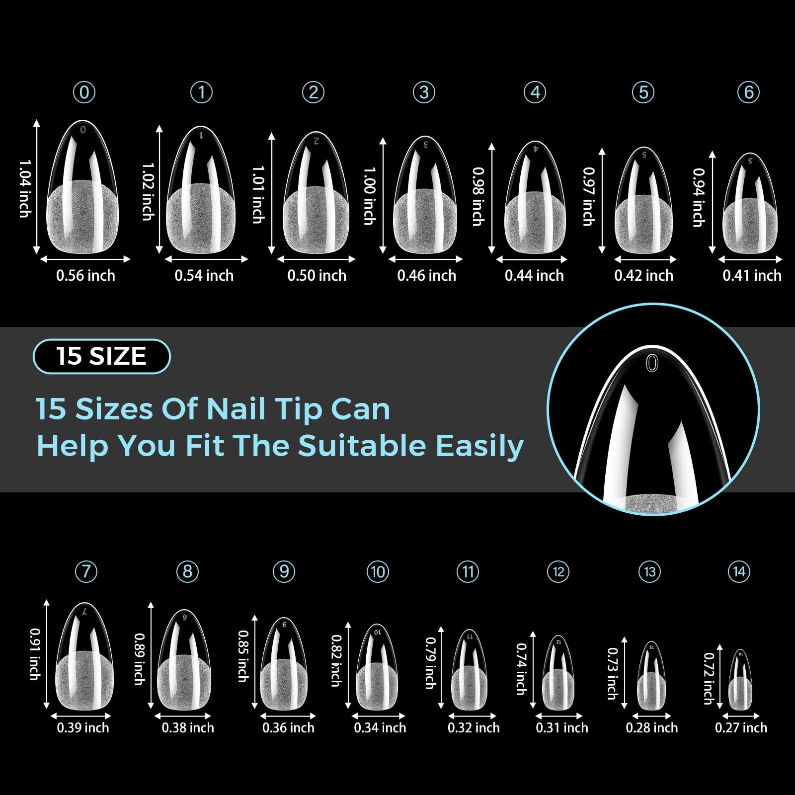 Medium Almond Nail Tips 510PCS, 15 Sizes Gel Nail Tips for Full Cover Half Ma…