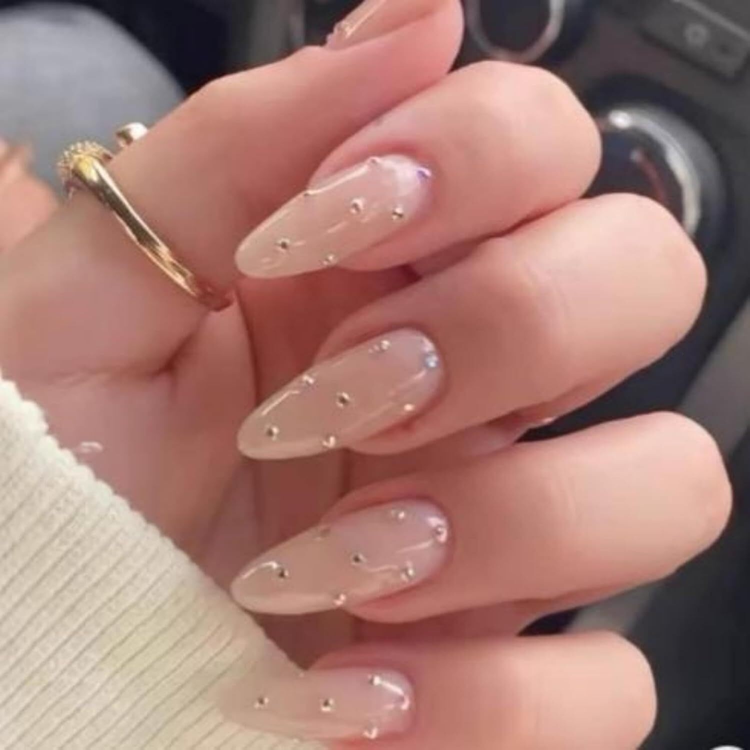 White French Tip Press On Nails Medium Almond 5D Flower Pearl Fake Nail Set