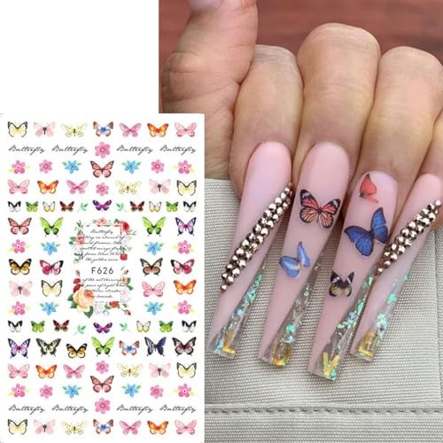 Butterfly Nail Art Stickers, Blue Purple Pink, 6 Sheets with Nail Tweezers,
