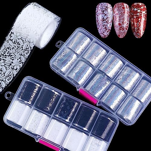 20 Roll Nail Foil Transfer Sticker Kit – Black, White, Lace, Flower &