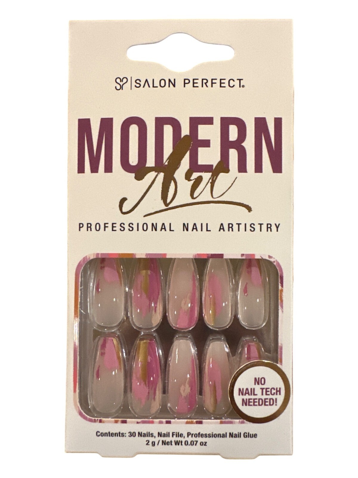 Salon Perfect MODERN ART 30 Nails Long COFFIN Glossy Clear+Pink+Mauve+ MARBLE