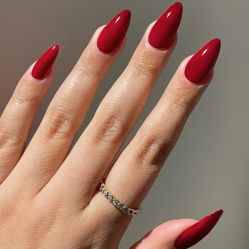 Press on Nails Almond, Red Short Almond Fake Nails, Spring A2-Red Almond